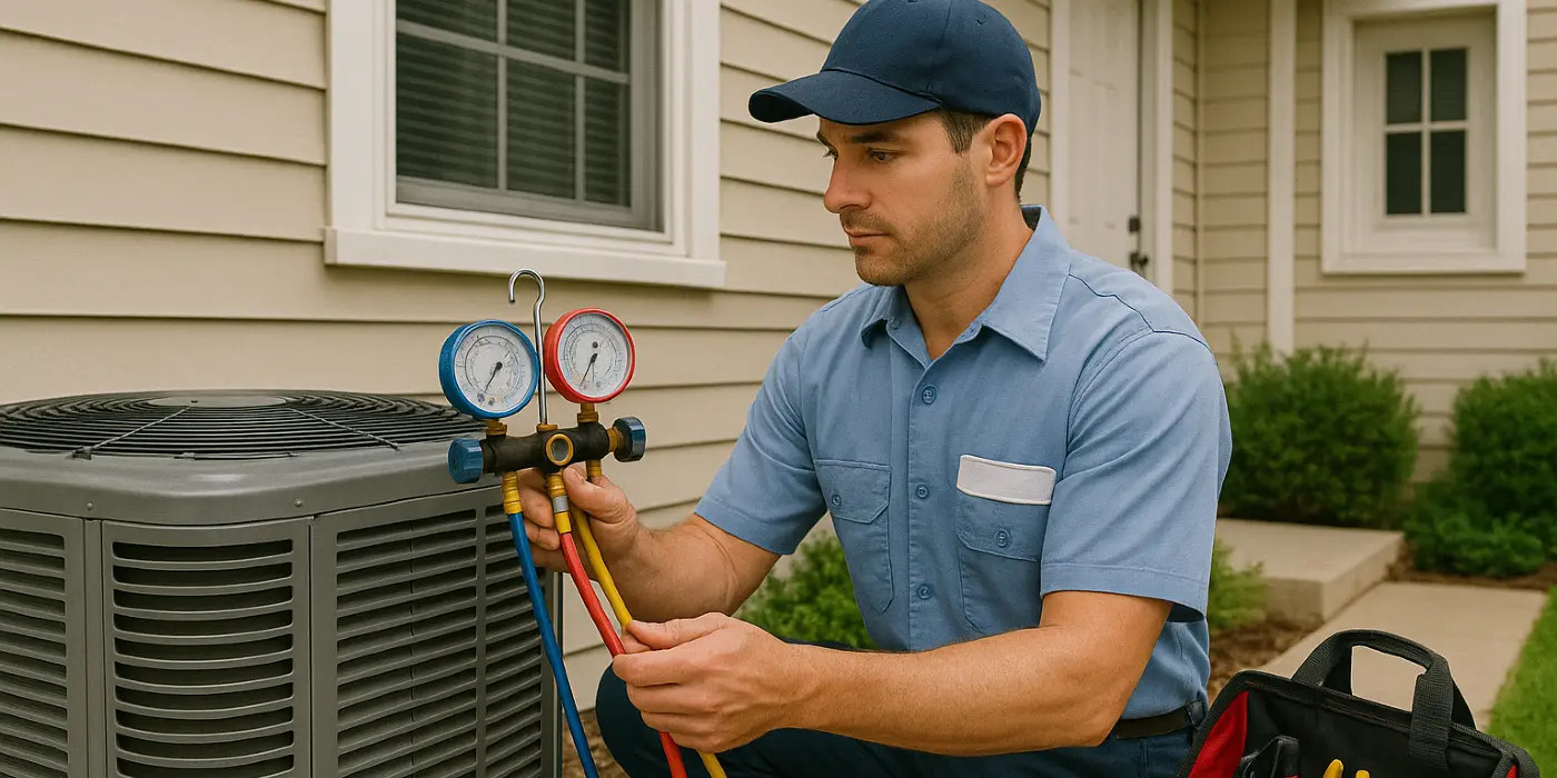 an hvac technician in uniform using the manifold gauge to test an ac unit from Cristal Air Conditioning Repair in West Lake Hills, TX - 24 Hour Air Conditioning Repair