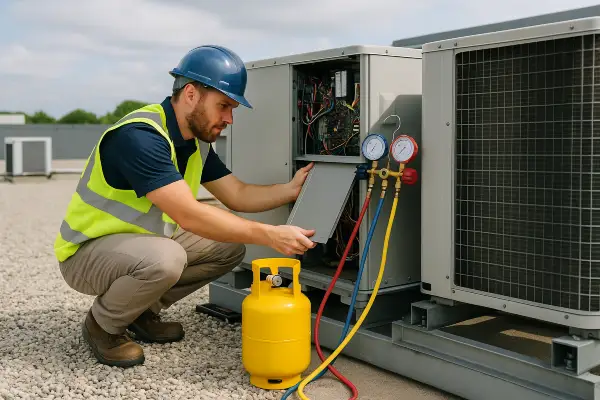 an hvac technician using a small freon tank to refill an ac unit from Cristal Air Conditioning Repair in West Lake Hills, TX - 24 Hour Air Conditioning Repair