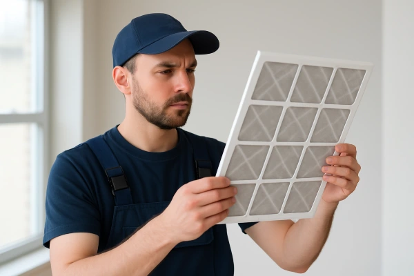an hvac technician holding and checking an ac filter from Cristal Air Conditioning Repair in West Lake Hills, TX - 24 Hour Air Conditioning Repair
