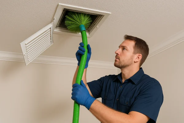 an hvac technician cleaning the ducts with a machine from Cristal Air Conditioning Repair in West Lake Hills, TX - 24 Hour Air Conditioning Repair