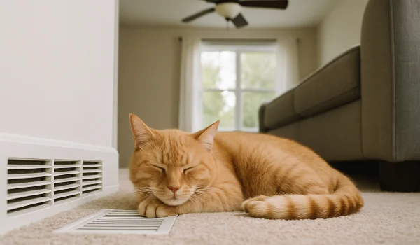 an orange cat laying on the carpet next to an AC vent from Cristal Air Conditioning Repair in West Lake Hills, TX - Air Conditioning Maintenance