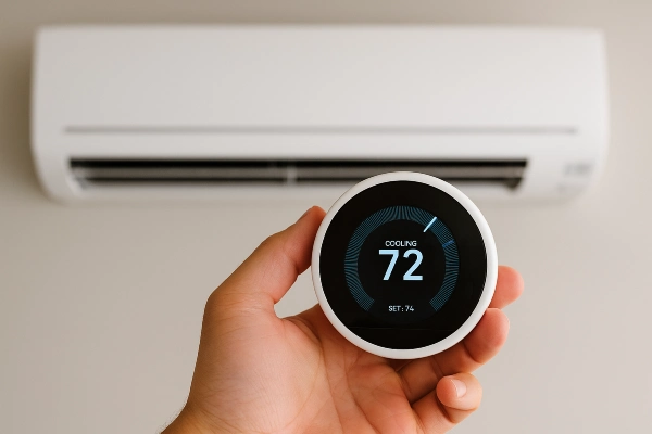 a hand holding a thermostat showing 72 degree cooling from Cristal Air Conditioning Repair in West Lake Hills, TX - Air Conditioning Maintenance