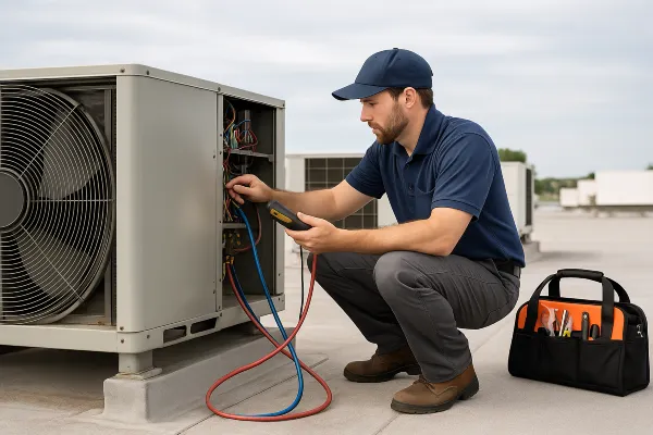a male hvac technician on the roof checking an AC unit from Cristal Air Conditioning Repair in West Lake Hills, TX - Air Conditioning Maintenance