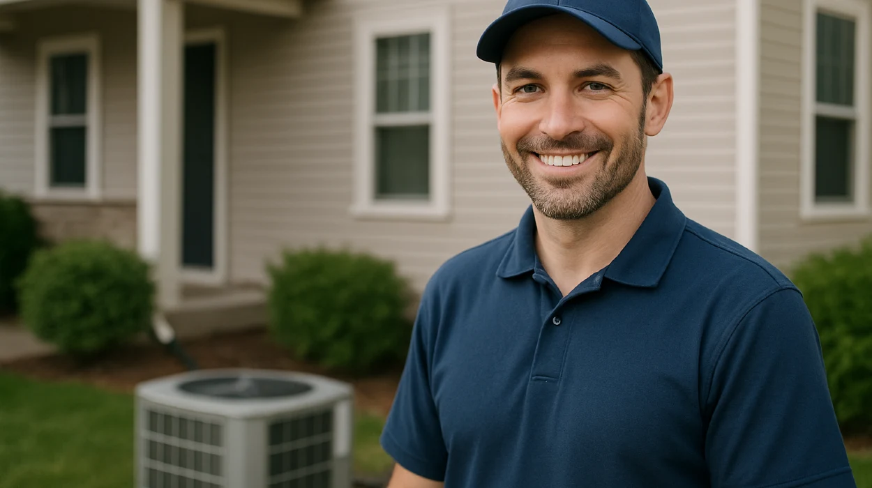 an hvac technician on the front porch smiling at the camera and an AC unit next to him from Cristal Air Conditioning Repair in West Lake Hills, TX - Air Conditioning Unit Replacement