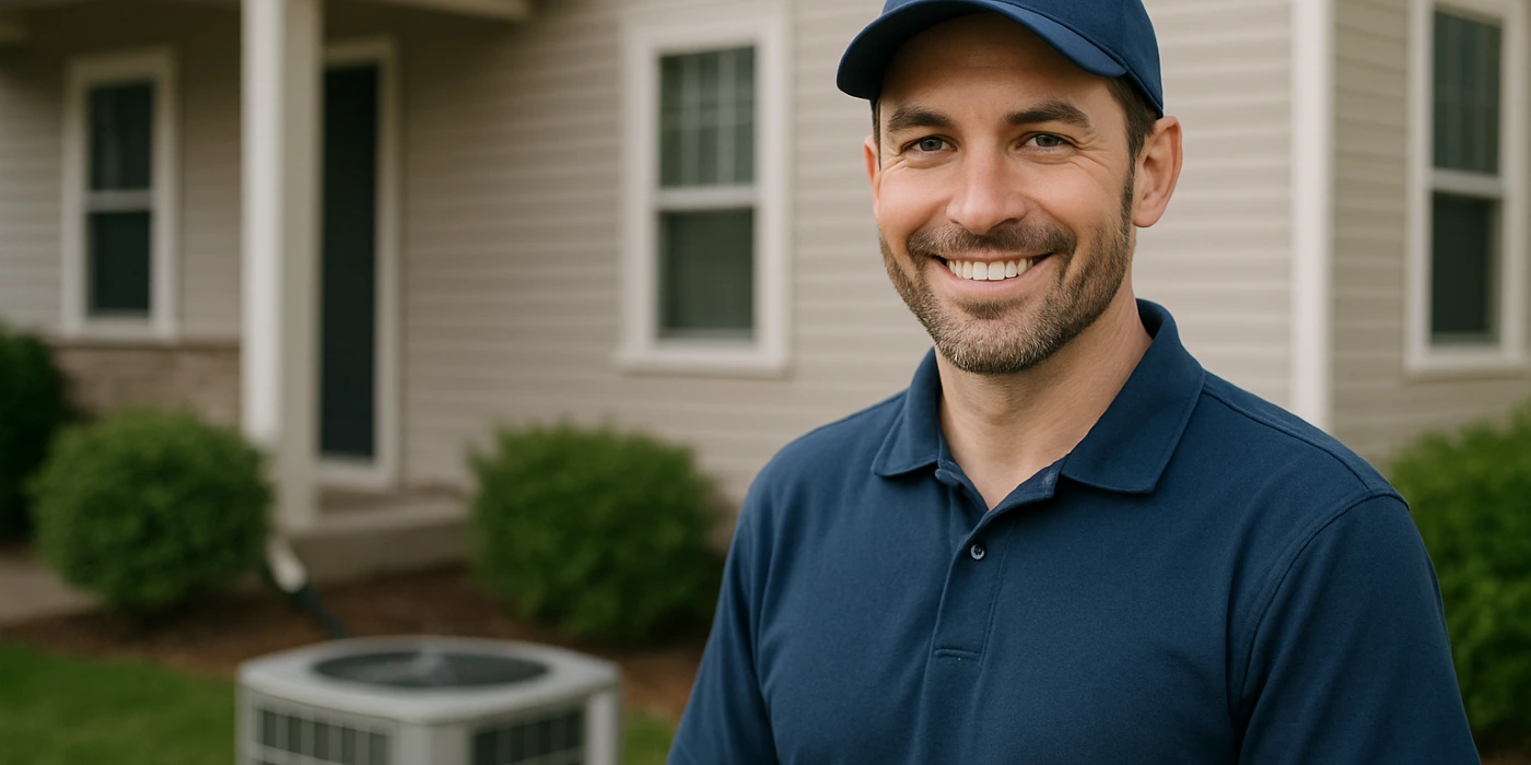 an hvac technician on the front porch smiling at the camera and an AC unit next to him from Cristal Air Conditioning Repair in West Lake Hills, TX - Air Conditioning Unit Replacement