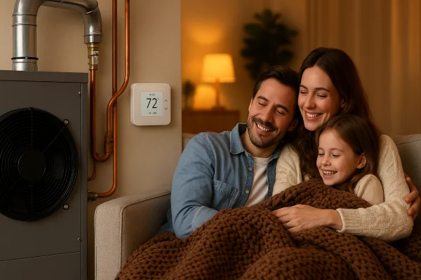 a family cuddling on the couch next to the house furnace from Cristal Air Conditioning Repair in West Lake Hills, TX - Air Conditioning Unit Replacement