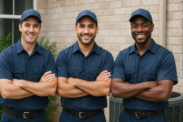 3 hvac technician ouside a house smiling at the camera from Cristal Air Conditioning Repair in West Lake Hills, TX - Air Conditioning Unit Replacement