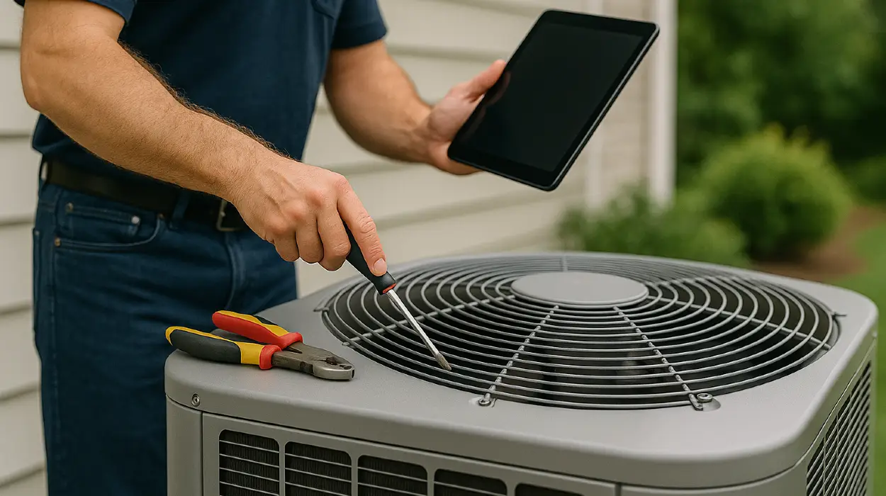 2 hvac technicians replacing a filter of an outside ac unit from Cristal Air Conditioning Repair in West Lake Hills, TX - Commercial Air Conditioning Company