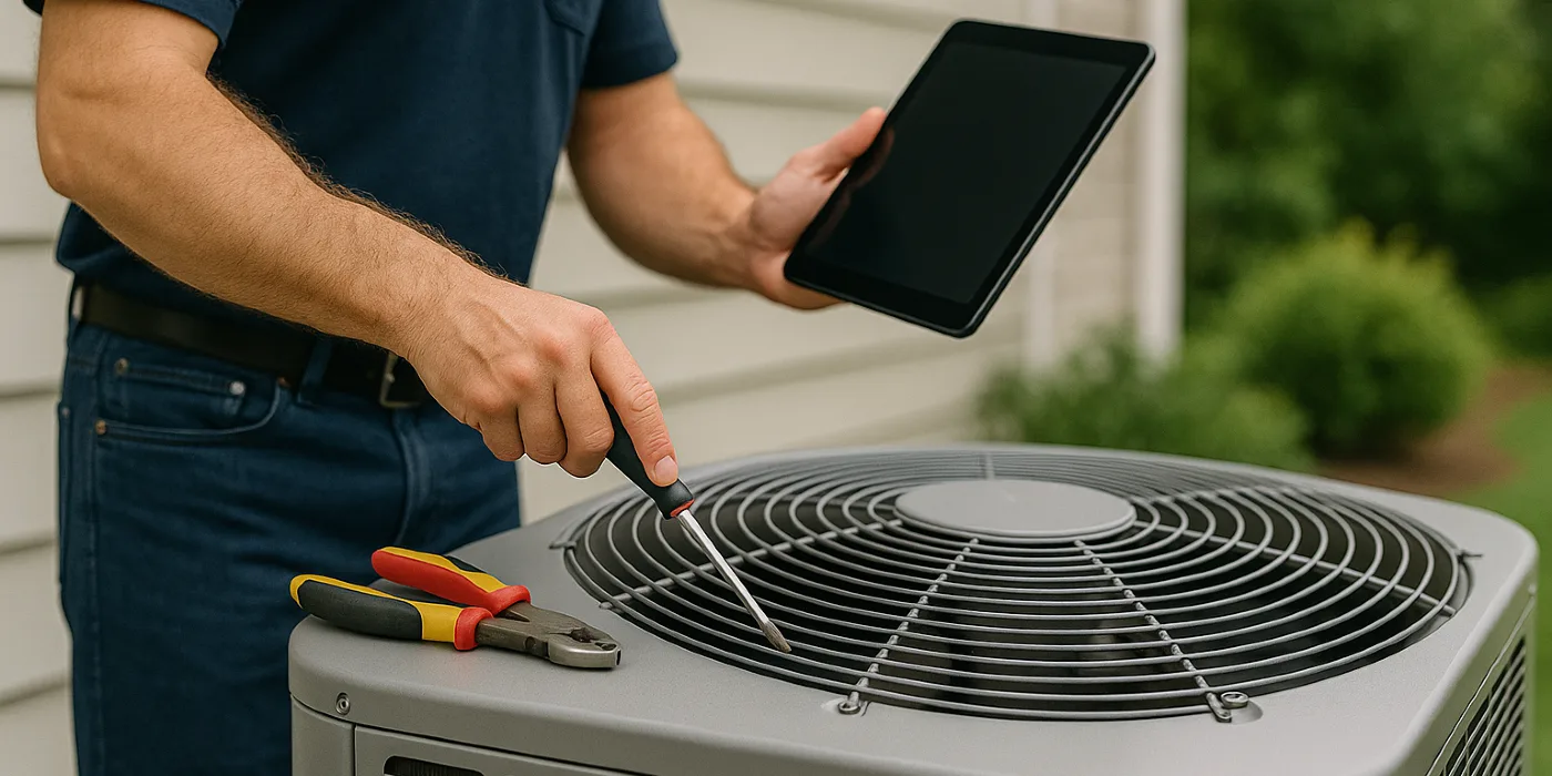 2 hvac technicians replacing a filter of an outside ac unit from Cristal Air Conditioning Repair in West Lake Hills, TX - Commercial Air Conditioning Company