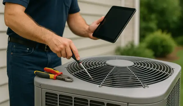 2 hvac technicians replacing a filter of an outside ac unit from Cristal Air Conditioning Repair in West Lake Hills, TX - Commercial Air Conditioning Company