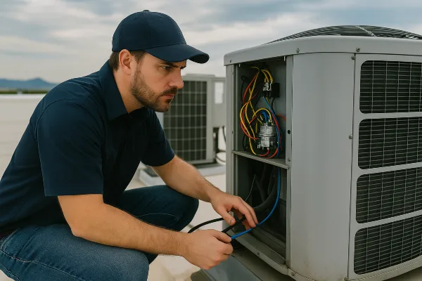 a male hvac technician checking a commercial ac unit on the roof of the building from Cristal Air Conditioning Repair in West Lake Hills, TX - Commercial Air Conditioning Company