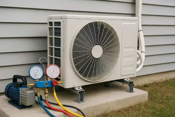 an ac unit outside with an ac manifold gauge next to it from Cristal Air Conditioning Repair in West Lake Hills, TX - Commercial Air Conditioning Company
