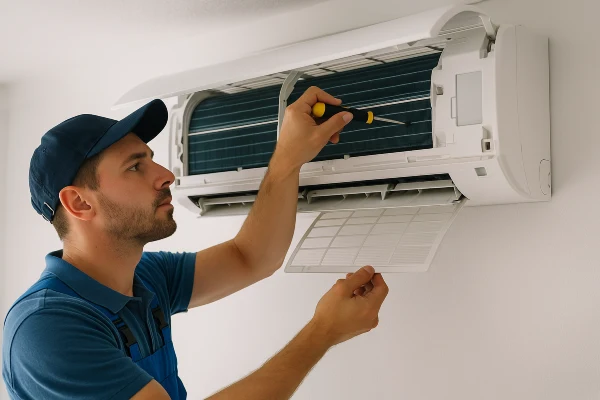an hvac technician checking a mini split ac from Cristal Air Conditioning Repair in West Lake Hills, TX - Commercial Air Conditioning Company