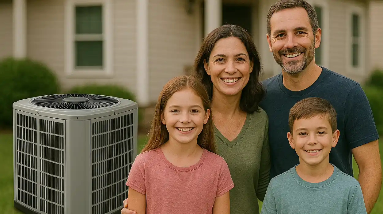 a family outside the house smiling at the camera with a new AC unit next to them from Cristal Air Conditioning Repair in West Lake Hills, TX - Common AC Problems