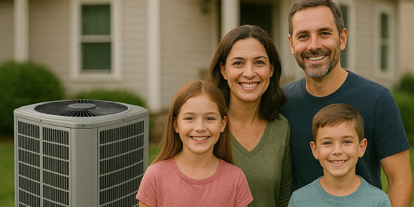 a family outside the house smiling at the camera with a new AC unit next to them from Cristal Air Conditioning Repair in West Lake Hills, TX - Common AC Problems