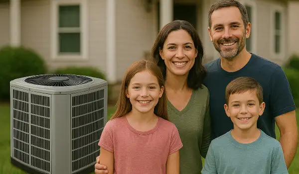 a family outside the house smiling at the camera with a new AC unit next to them from Cristal Air Conditioning Repair in West Lake Hills, TX - Common AC Problems
