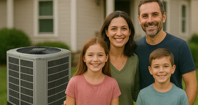 a family outside the house smiling at the camera with a new AC unit next to them from Cristal Air Conditioning Repair in West Lake Hills, TX - Common AC Problems