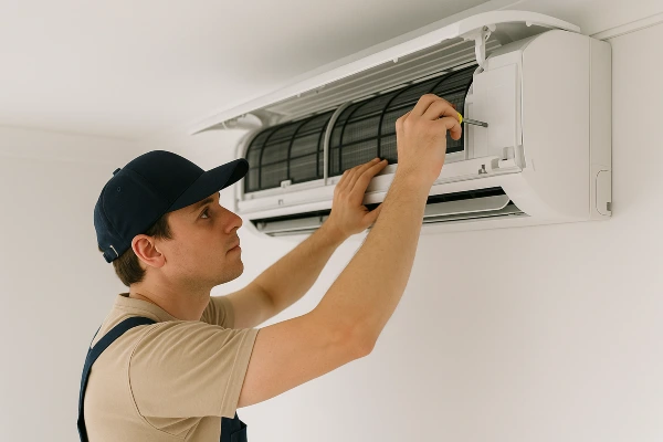 a male hvac technician checking a mini split AC unit from Cristal Air Conditioning Repair in West Lake Hills, TX - Common AC Problems