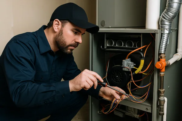 a male hvac technician checking a furnace wiring from Cristal Air Conditioning Repair in West Lake Hills, TX - Common AC Problems