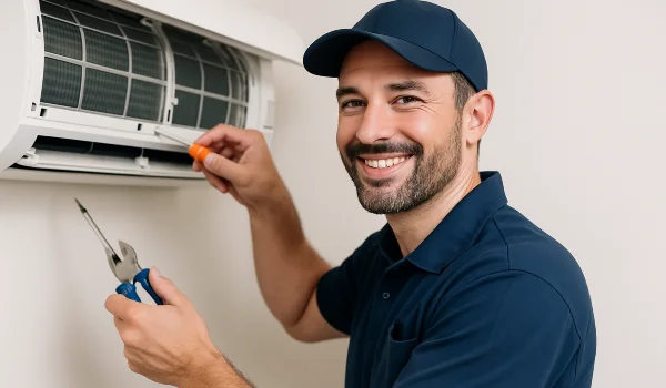a male hvac techinican using a screwdriver to open a mini split unit and smiling at the camera from Cristal Air Conditioning Repair in West Lake Hills, TX - Duct Cleaning Services