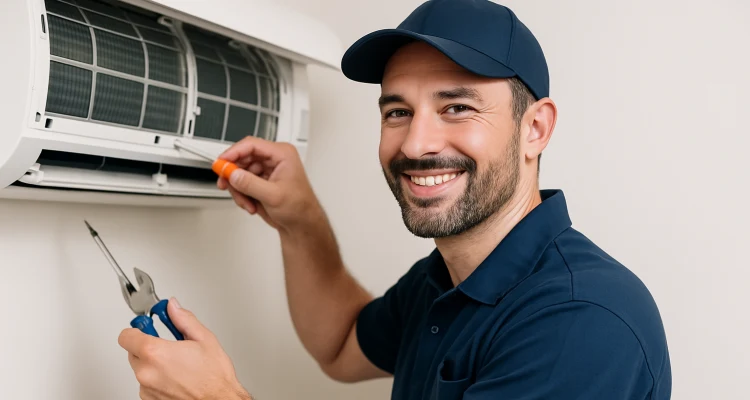 a male hvac techinican using a screwdriver to open a mini split unit and smiling at the camera from Cristal Air Conditioning Repair in West Lake Hills, TX - Duct Cleaning Services