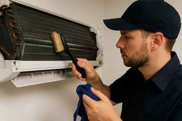 an hvac technician cleaning the coils of an AC unit from Cristal Air Conditioning Repair in West Lake Hills, TX - Duct Cleaning Services