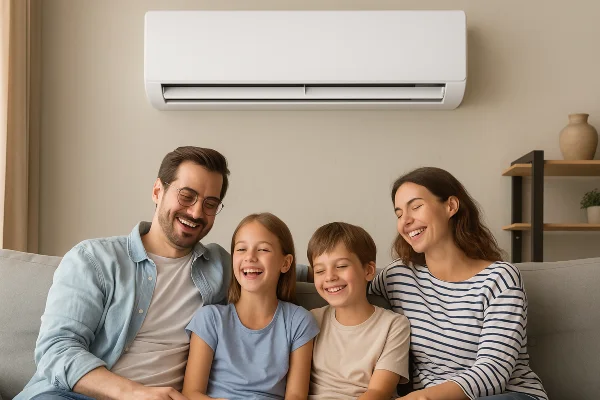 a family on a couch enjoying the cool air coming from a mini split AC unit from Cristal Air Conditioning Repair in West Lake Hills, TX - Duct Cleaning Services