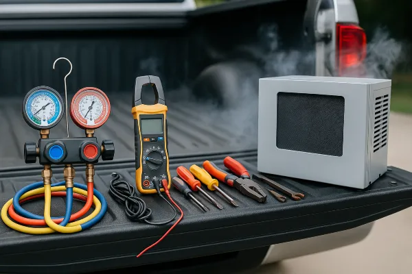 AC tools on the tailgate of a truck from Cristal Air Conditioning Repair in West Lake Hills, TX - Heating Contractors