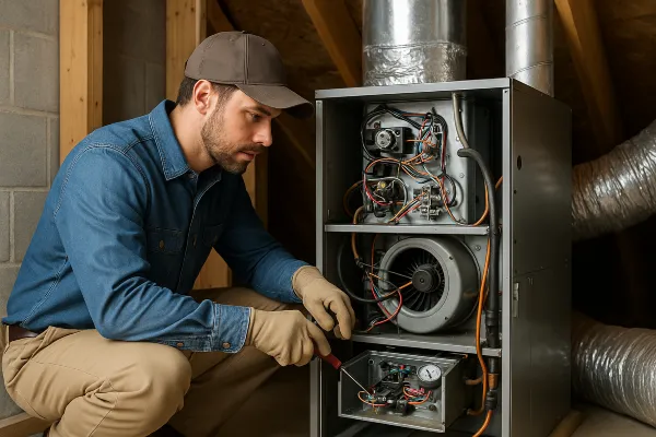 an hvac technician with a screwdriver checking the wiring of a furnace from Cristal Air Conditioning Repair in West Lake Hills, TX - Heating Contractors