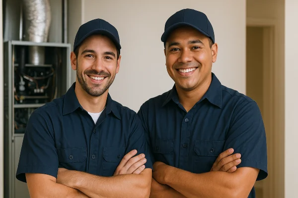 2 hvac technician smiling at the camera from Cristal Air Conditioning Repair in West Lake Hills, TX - Heating Contractors