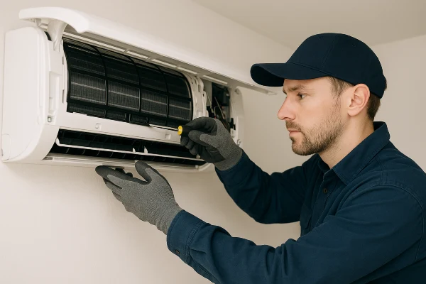 an hvac technician fixing a mini split AC unit from Cristal Air Conditioning Repair in West Lake Hills, TX - Heating Contractors