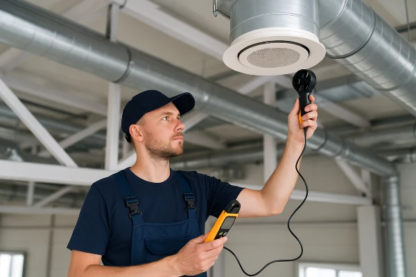 a male hvac technician measuring the temperature with a device from Cristal Air Conditioning Repair in West Lake Hills, TX - HVAC Duct Cleaning