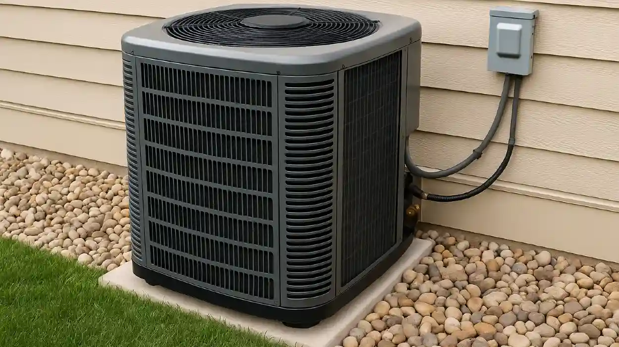 a brand new AC unit outside on a concrete slab from Cristal Air Conditioning Repair in West Lake Hills, TX - HVAC Maintenance