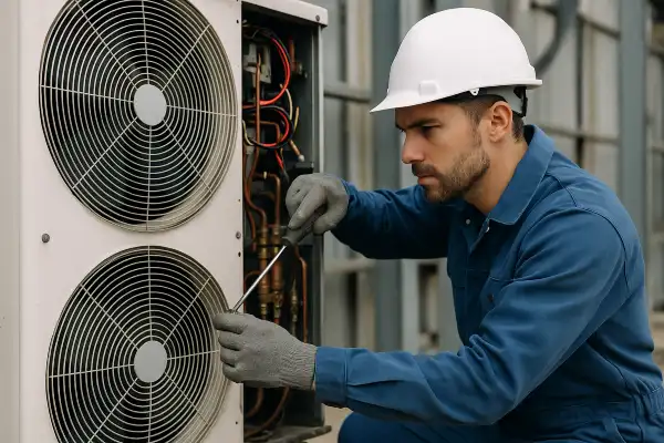a male hvac technician using a scredriver to open an AC unit from Cristal Air Conditioning Repair in West Lake Hills, TX - HVAC Maintenance
