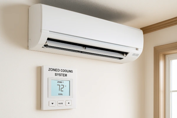 a mini split AC unit mounted on a wall and the thermostat below it from Cristal Air Conditioning Repair in West Lake Hills, TX - HVAC Maintenance