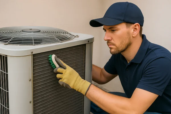 a male hvac technician cleaning the coils of an old AC unit from Cristal Air Conditioning Repair in West Lake Hills, TX - HVAC Maintenance
