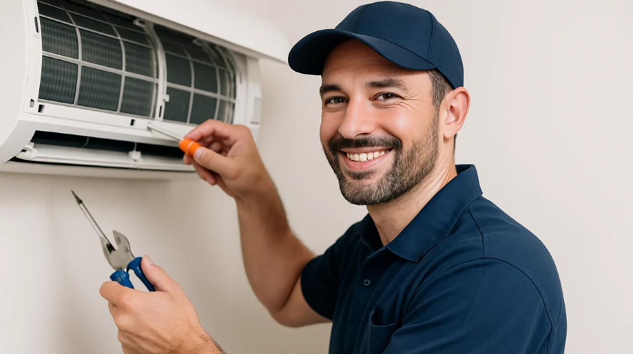 a male hvac techinican using a screwdriver to open a mini split unit and smiling at the camera from Cristal Air Conditioning Repair in West Lake Hills, TX - HVAC Replacement