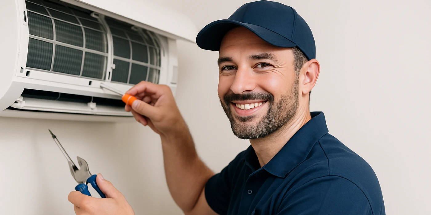 a male hvac techinican using a screwdriver to open a mini split unit and smiling at the camera from Cristal Air Conditioning Repair in West Lake Hills, TX - HVAC Replacement