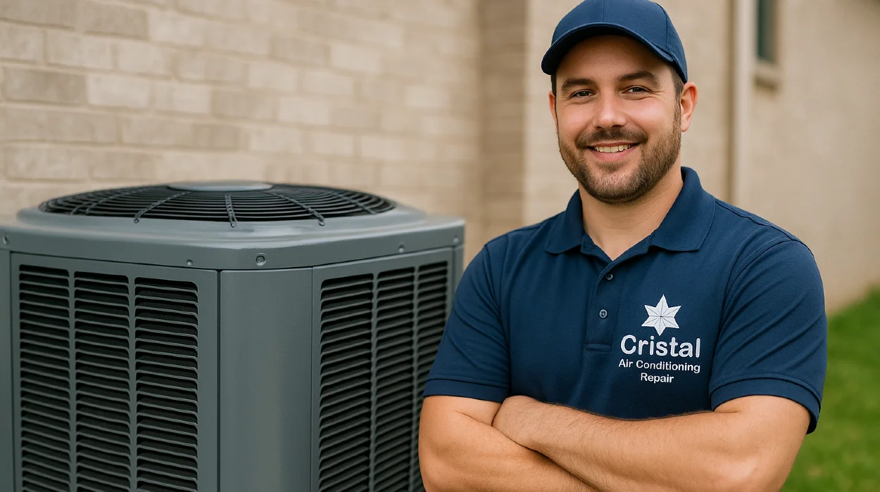 a male hvac technician checking an ac unit from Cristal Air Conditioning Repair in West Lake Hills, TX - Hvac Technician Near Me