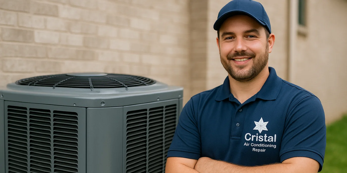 a male hvac technician checking an ac unit from Cristal Air Conditioning Repair in West Lake Hills, TX - Hvac Technician Near Me
