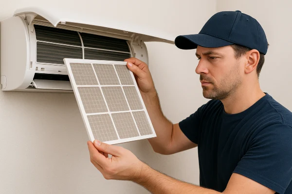 a male hvac technician replacing an ac filter from Cristal Air Conditioning Repair in West Lake Hills, TX - Hvac Technician Near Me