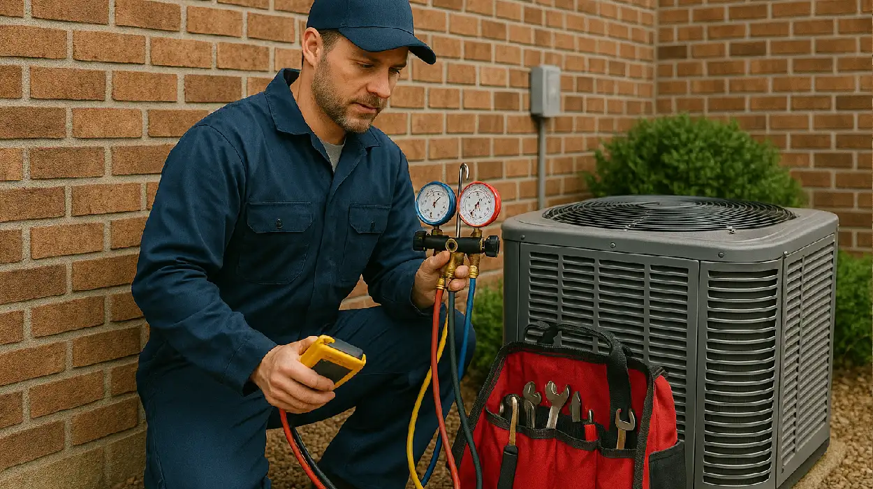 an hvac technician with his tools checking an outside ac unite from Cristal Air Conditioning Repair in West Lake Hills, TX - Residential Air Conditioning Repair