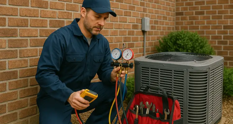 an hvac technician with his tools checking an outside ac unite from Cristal Air Conditioning Repair in West Lake Hills, TX - Residential Air Conditioning Repair