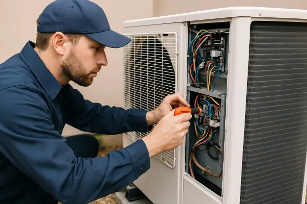 an hvac technician using a scredriver to check the wires of an ac unite from Cristal Air Conditioning Repair in West Lake Hills, TX - Residential Air Conditioning Repair
